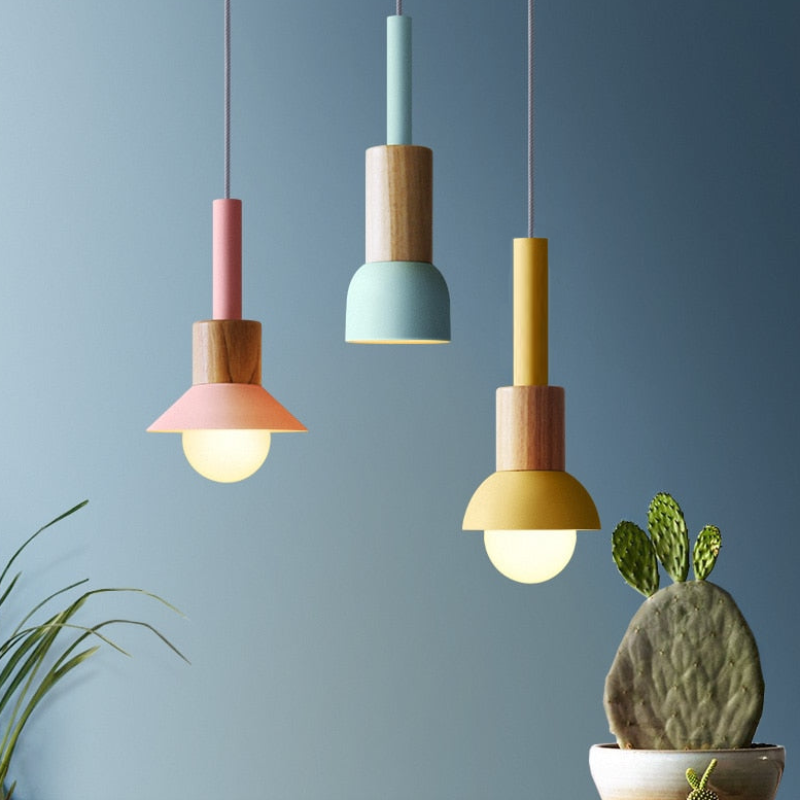 Chic Metal and Wood Pendant Lights with Adjustable Cord – Vibrant Kitchen Pendant Lighting in White, Pink, Mint, and Yellow 1
