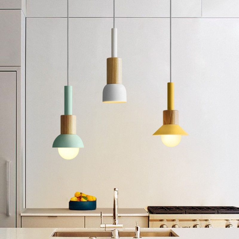 Chic Metal and Wood Pendant Lights with Adjustable Cord – Vibrant Kitchen Pendant Lighting in White, Pink, Mint, and Yellow 2