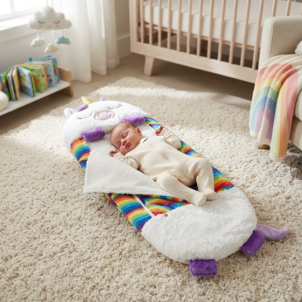 A baby wearing a cream bodysuit sleeps on a plush white unicorn-shaped baby blanket with purple ears and a rainbow-striped border, placed on a beige shag rug in a nursery.