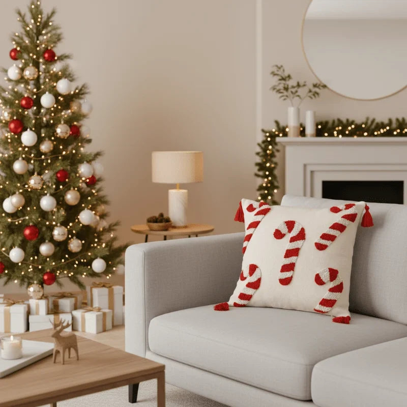 Christmas Cushion Cover 45x45 cm with Candy Cane Design – Soft Polyester Fabric and Decorative Tassels 5
