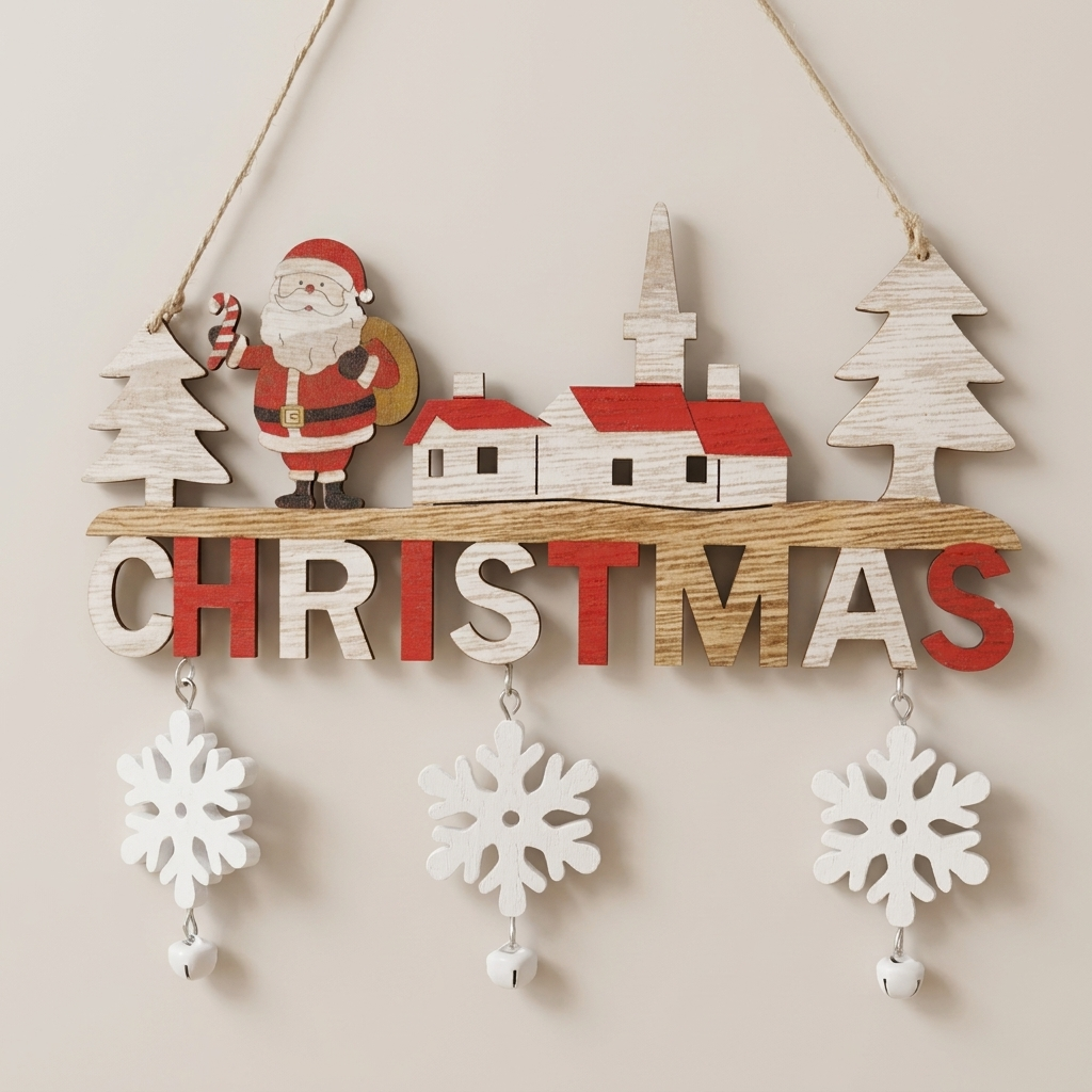 Christmas Door Hanging Ornament, Merry Christmas Lettering, Snowflake Pendants, Hanging Rope