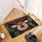 Doormat with a reindeer design on a wooden floor next to a white mug and gray slippers.