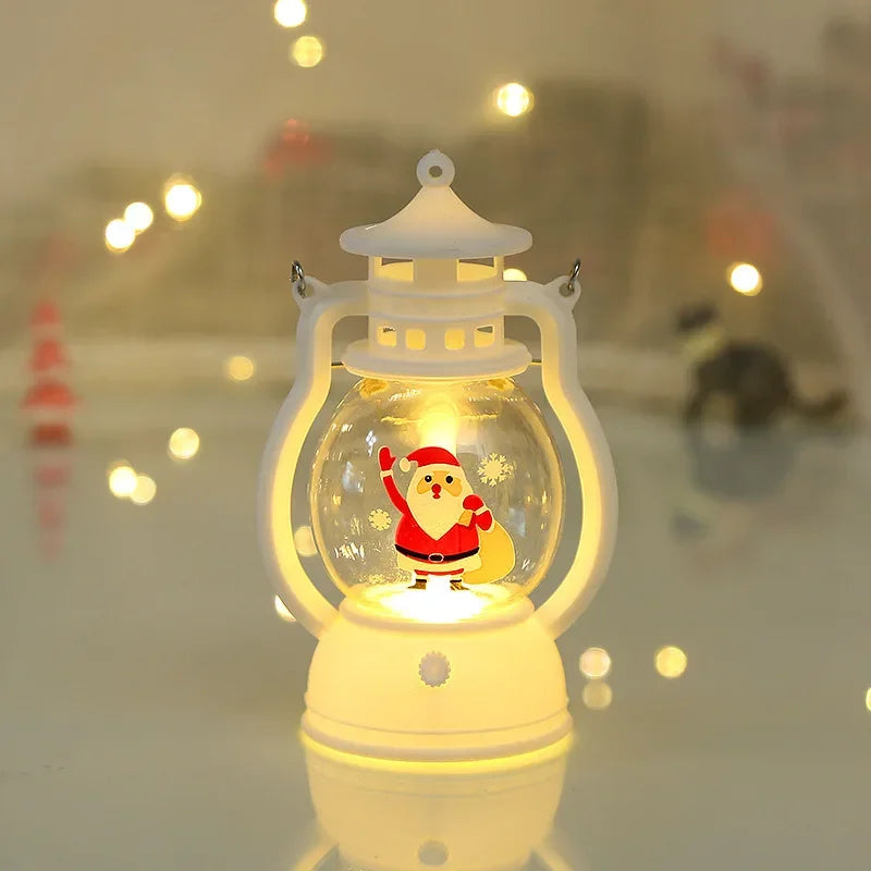 Decorative night light with a Santa Claus figure inside a glass ball, surrounded by blurred lights in the background.
