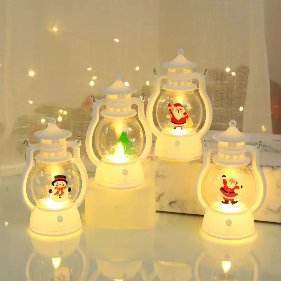 Set of Christmas-themed snow globes with Santa Claus and snowmen on a reflective surface.