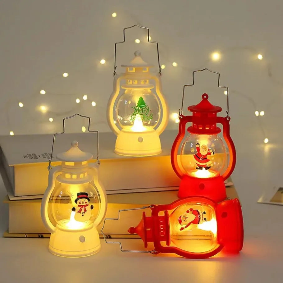 Three colorful lanterns with LED lights on a surface with a soft, warm glow.
