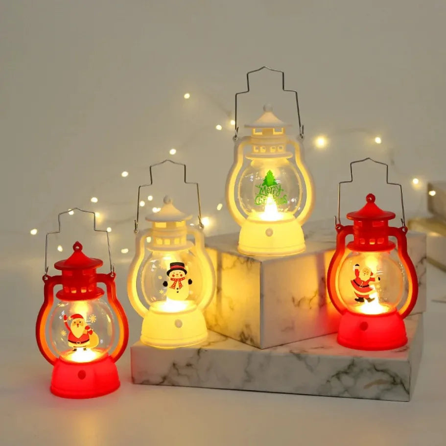 Set of decorative lanterns with Christmas-themed figures on a marble base.