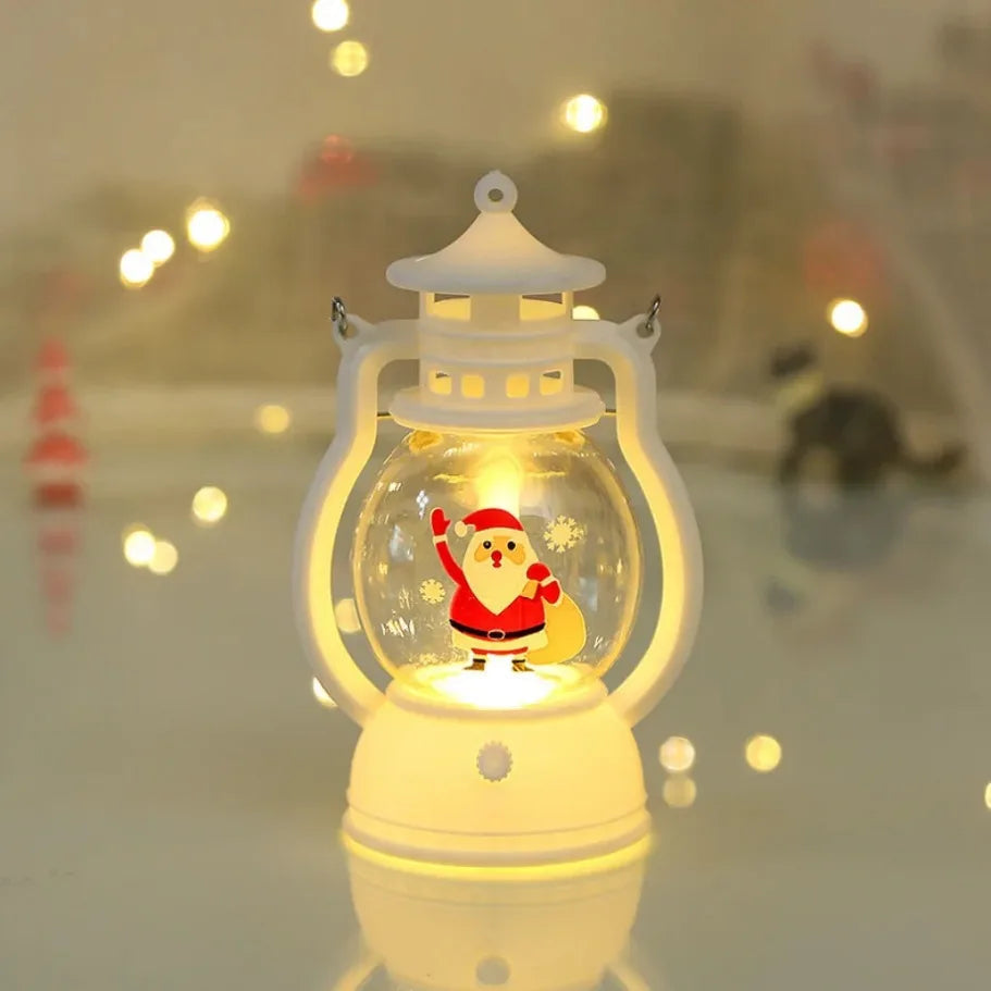 Decorative night light with a Santa Claus figure inside a glass ball, surrounded by blurred lights in the background.