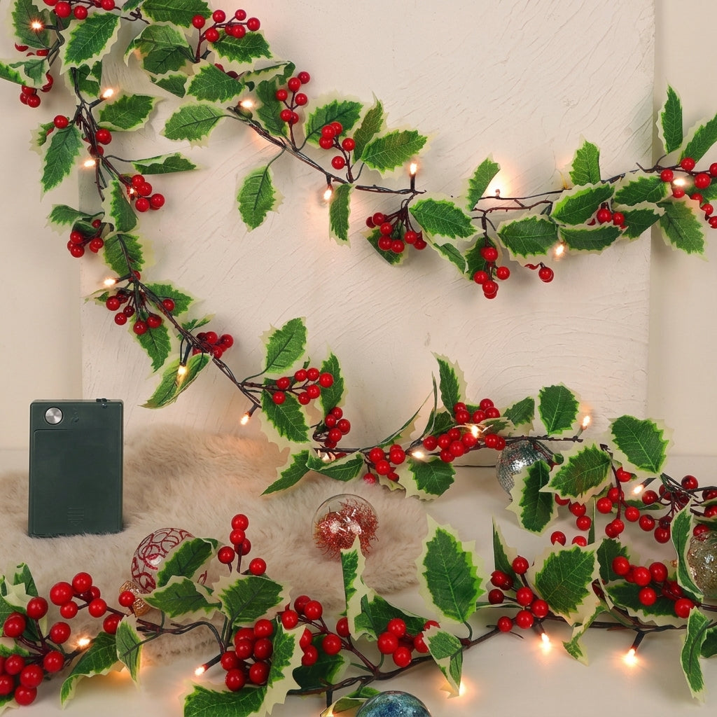 Holly Berry LED Christmas Garland Green White Decorative