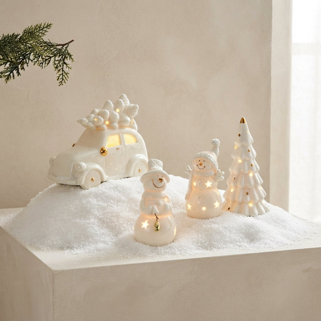 A set of white ceramic Christmas decorations, including a snowman, a snowman with a hat, a Christmas tree, and a vintage car carrying snowballs, arranged on a faux snow display with warm lights turned on.