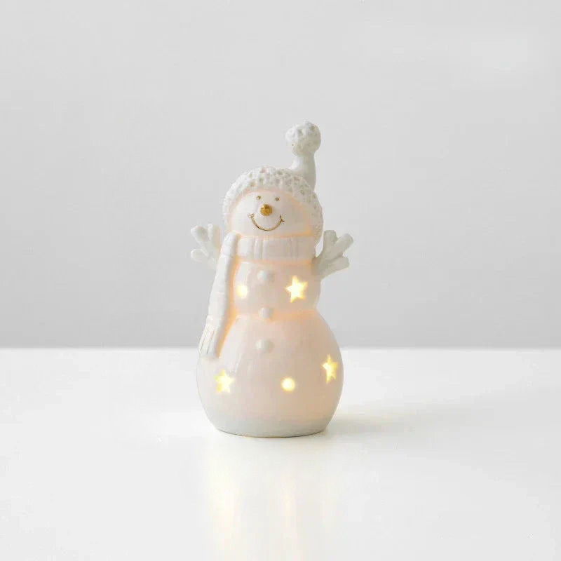 A small ceramic snowman figurine with a knitted hat and scarf, glowing with warm star-shaped lights on a white surface against a light gray background.