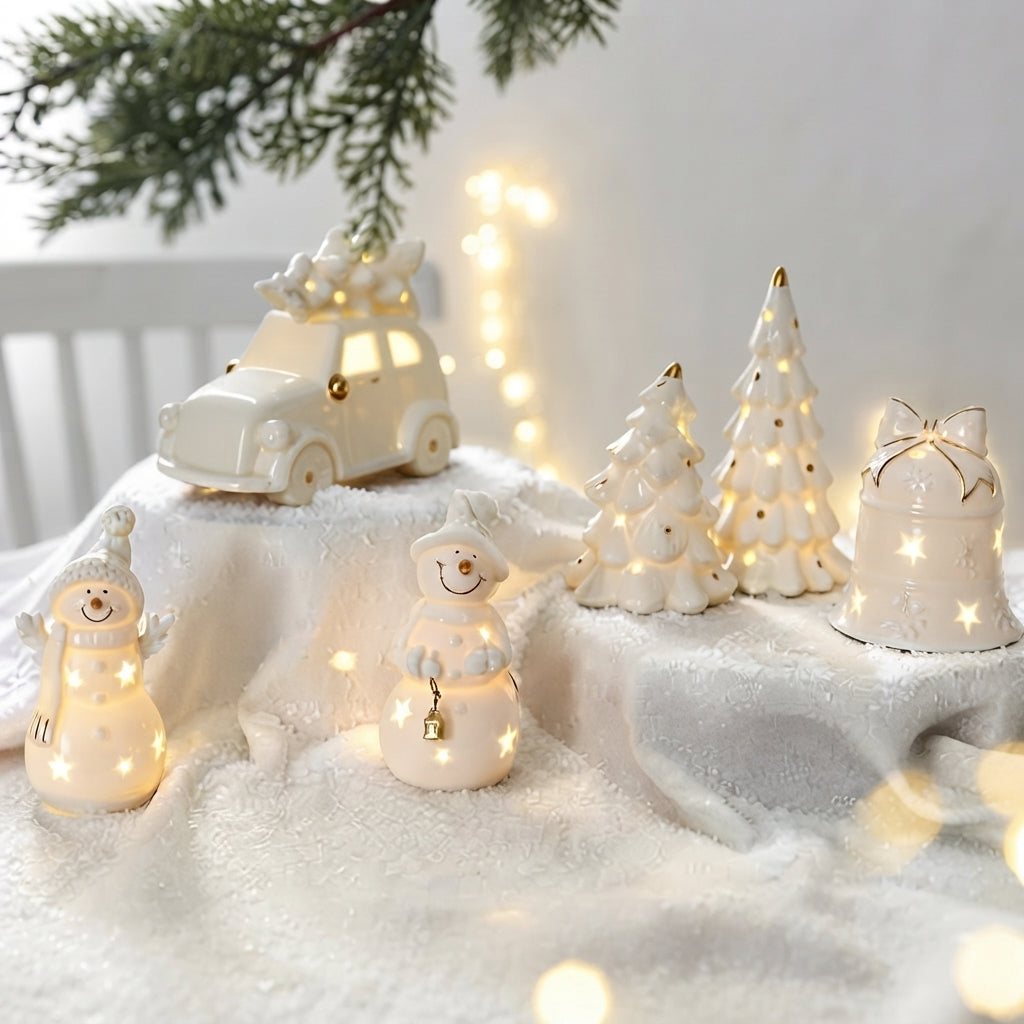 A set of white ceramic Christmas decorations with warm white LED lights, including snowmen, a car, bell, and miniature trees, arranged on a white faux-snow surface.