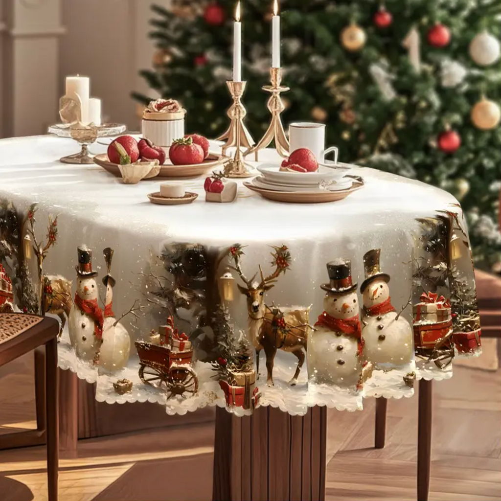 Christmas Tablecloth - Durable Polyester with Snowman & Reindeer Design 0