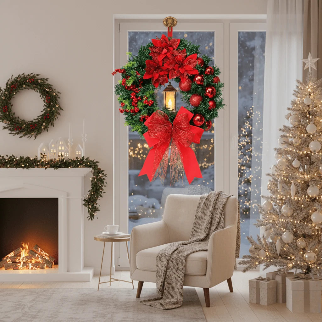 Christmas Wreath with LED Lantern, Greenery and Decorative Ornaments 6
