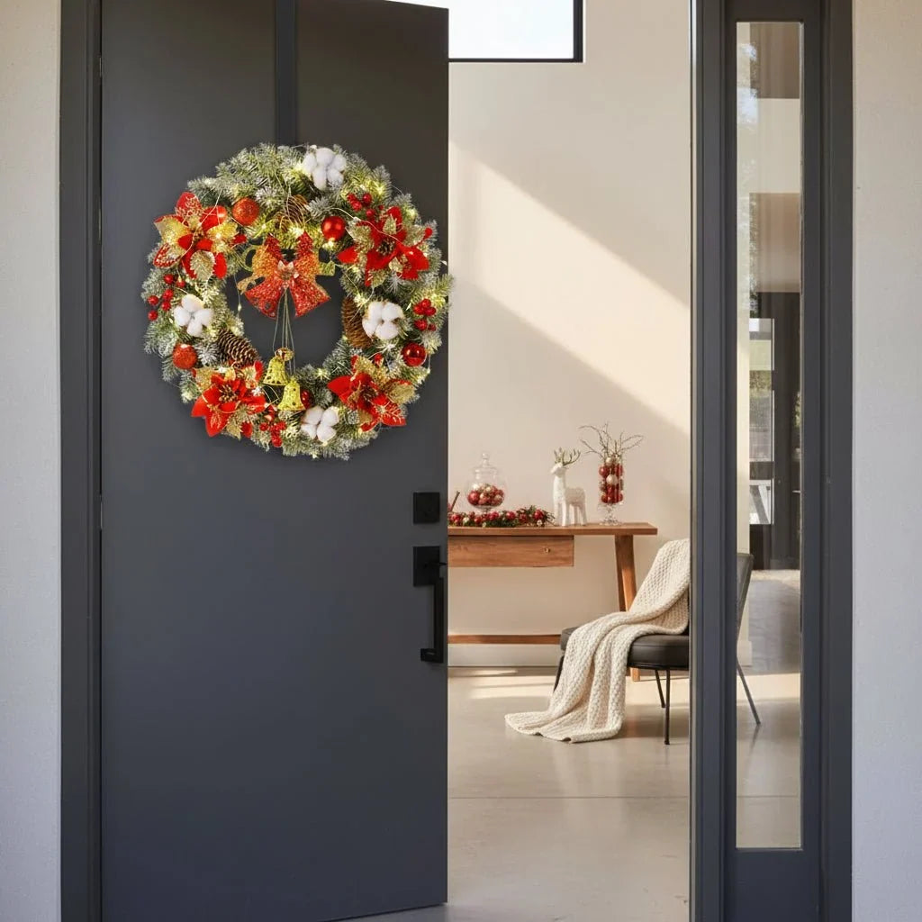 Classic LED Christmas Wreath with Bells and Golden Shimmer - Battery-Powered Holiday Door Wreath for Outdoor Decor 6