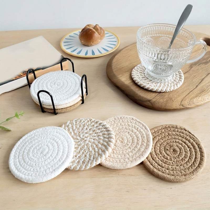 Set of round woven coasters on a wooden surface with a cup and saucer.