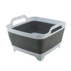 Gray and white plastic bin with handles on a white background