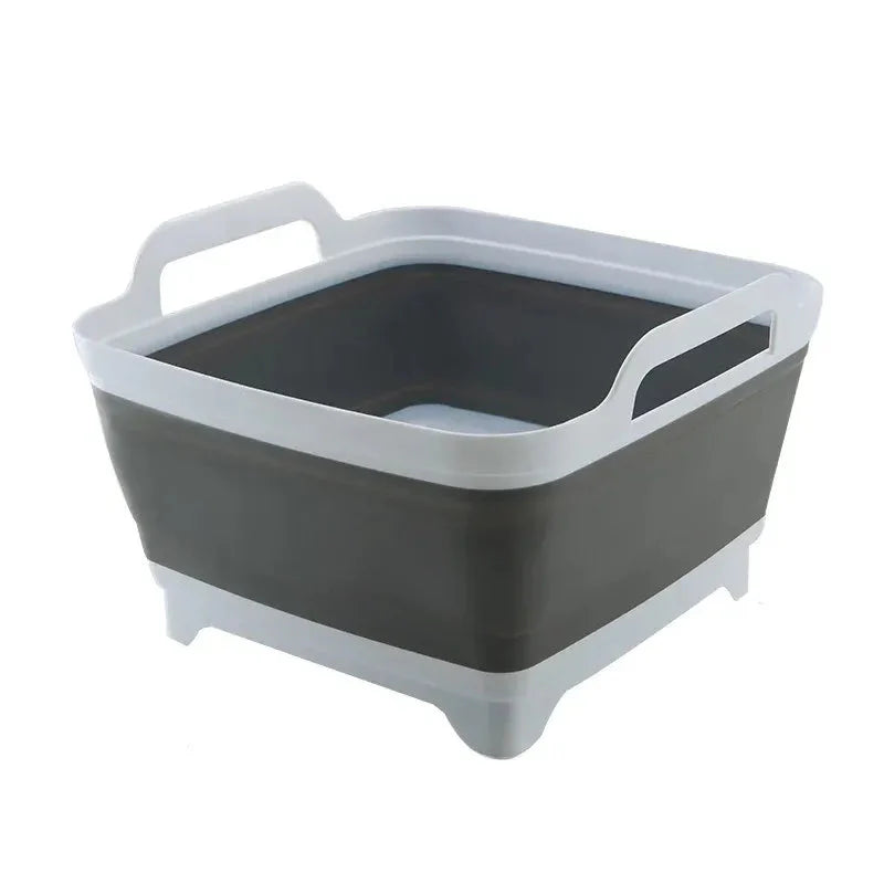 Gray and white plastic bin with handles on a white background