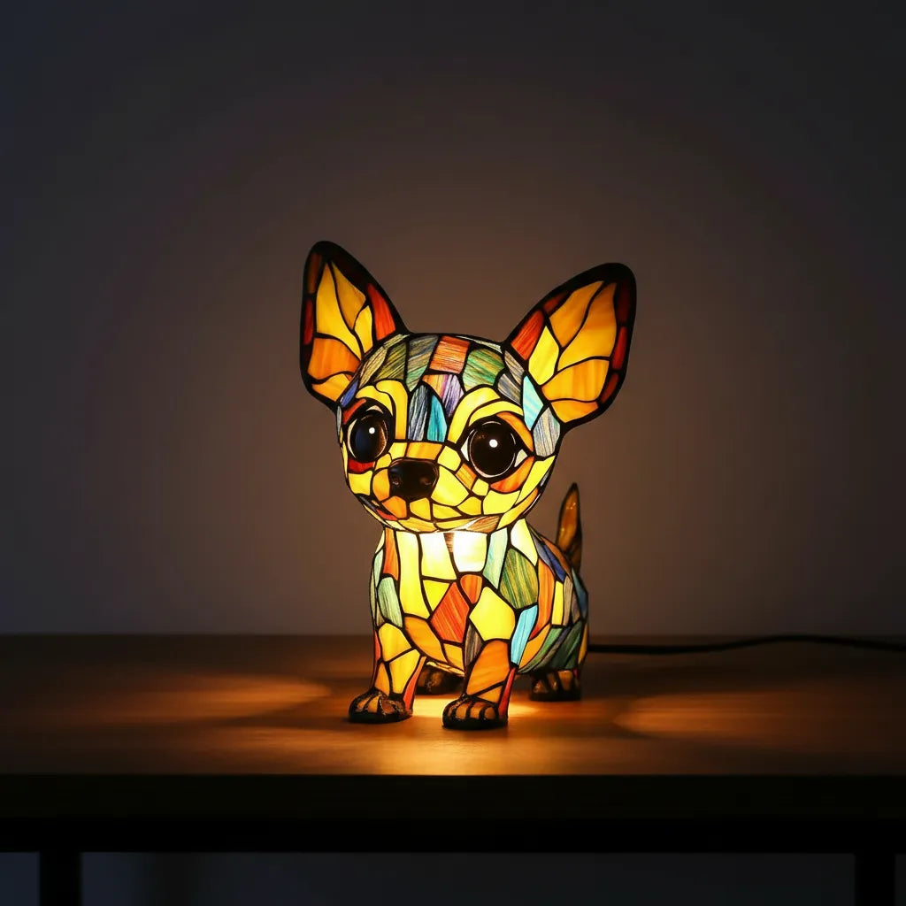 Colorful stained glass lamp shaped like a dog on a dark background