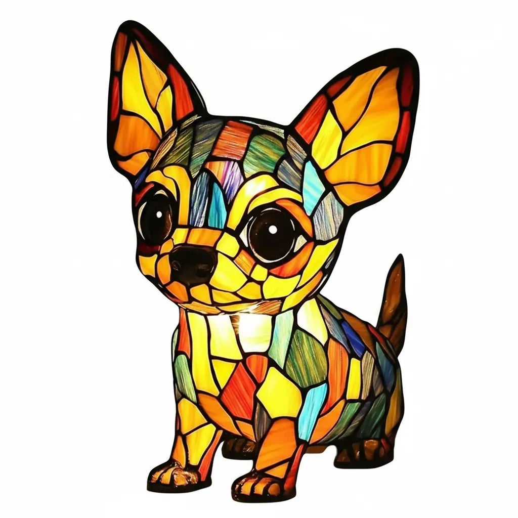 Colorful stained glass dog-shaped lamp on a white background