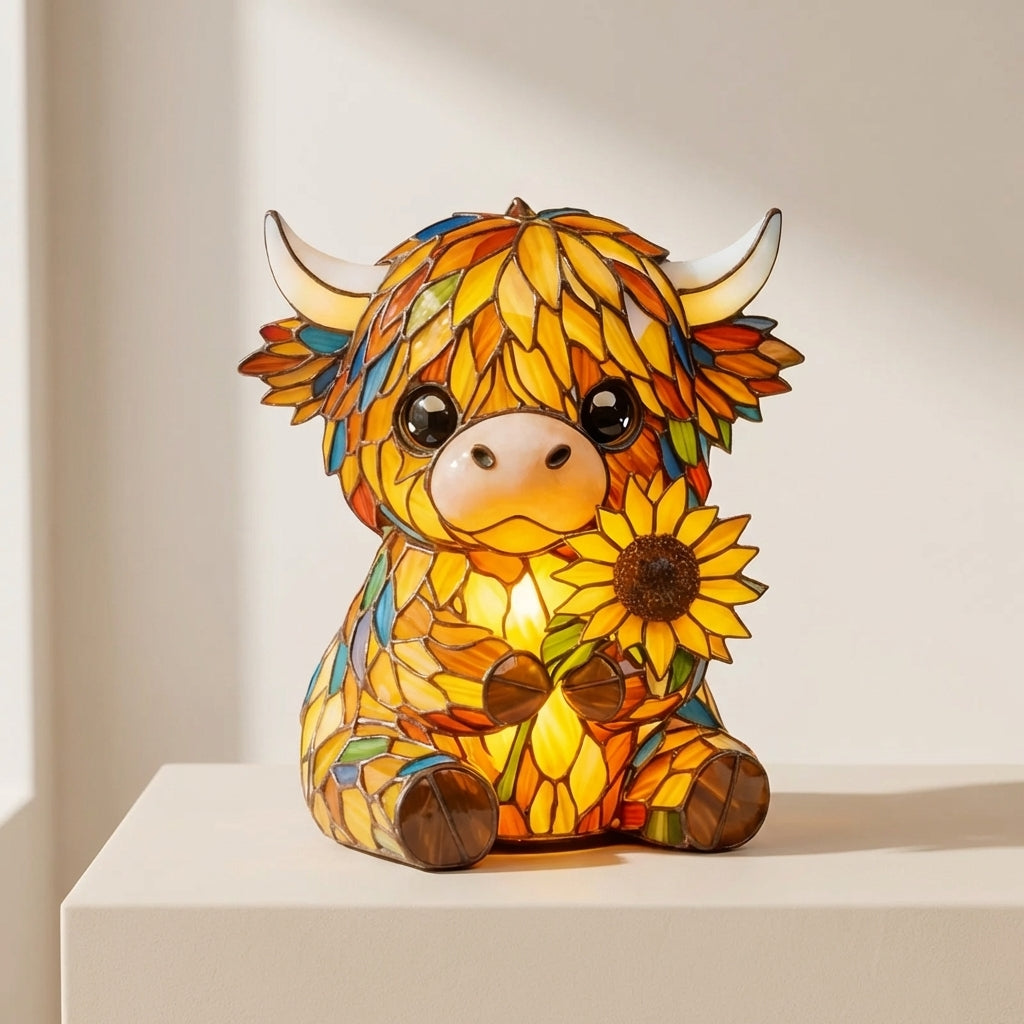 Stained glass cow lamp with sunflower on a white surface