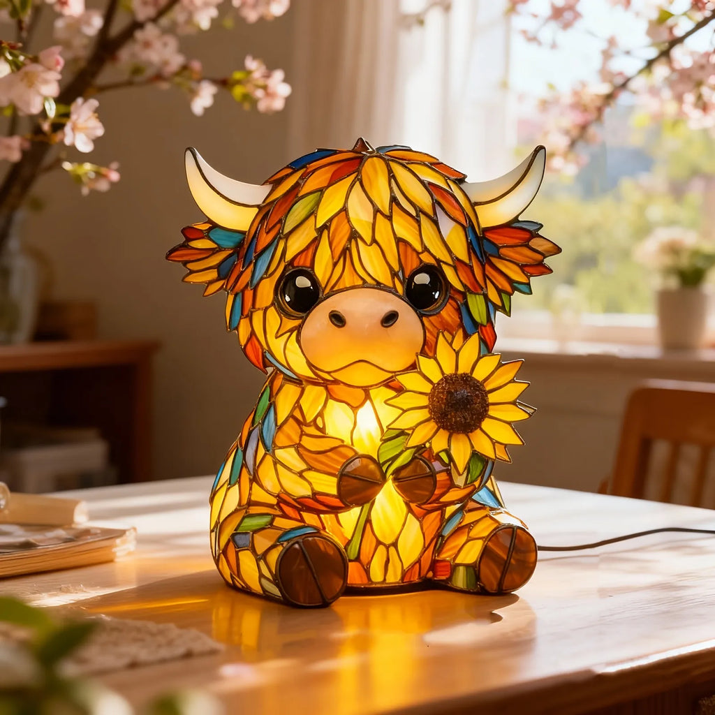 Stained glass cow lamp with sunflower on a table in a bright room