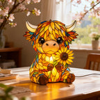 Stained glass cow lamp with sunflower on a table in a bright room