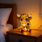 Stained glass cow lamp on a bedside table with warm lighting.