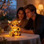 Two people sitting at a table with a decorative cow lamp featuring stained glass design.