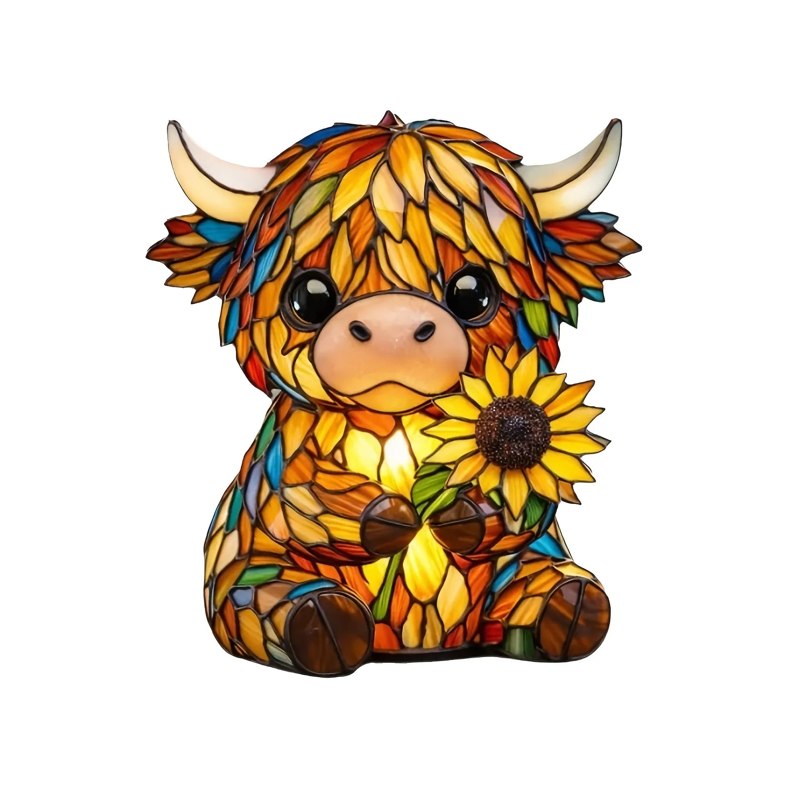 Colorful stained glass cow figurine with a sunflower on a white background