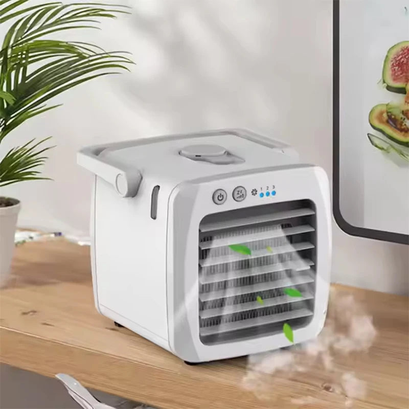 Portable air conditioner on a wooden table with a plant and TV in the background