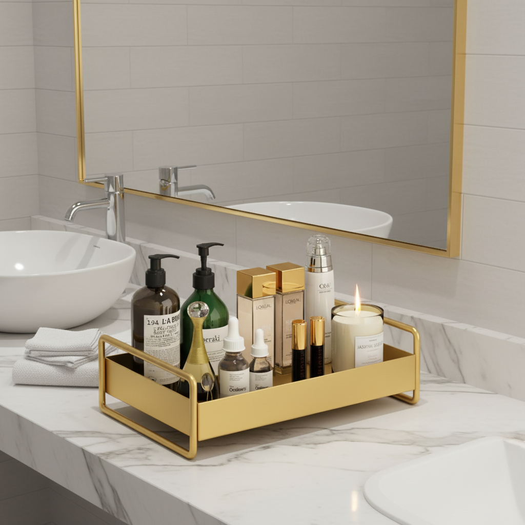 Bathroom counter with skincare products and a candle on a gold tray, reflected in a mirror.