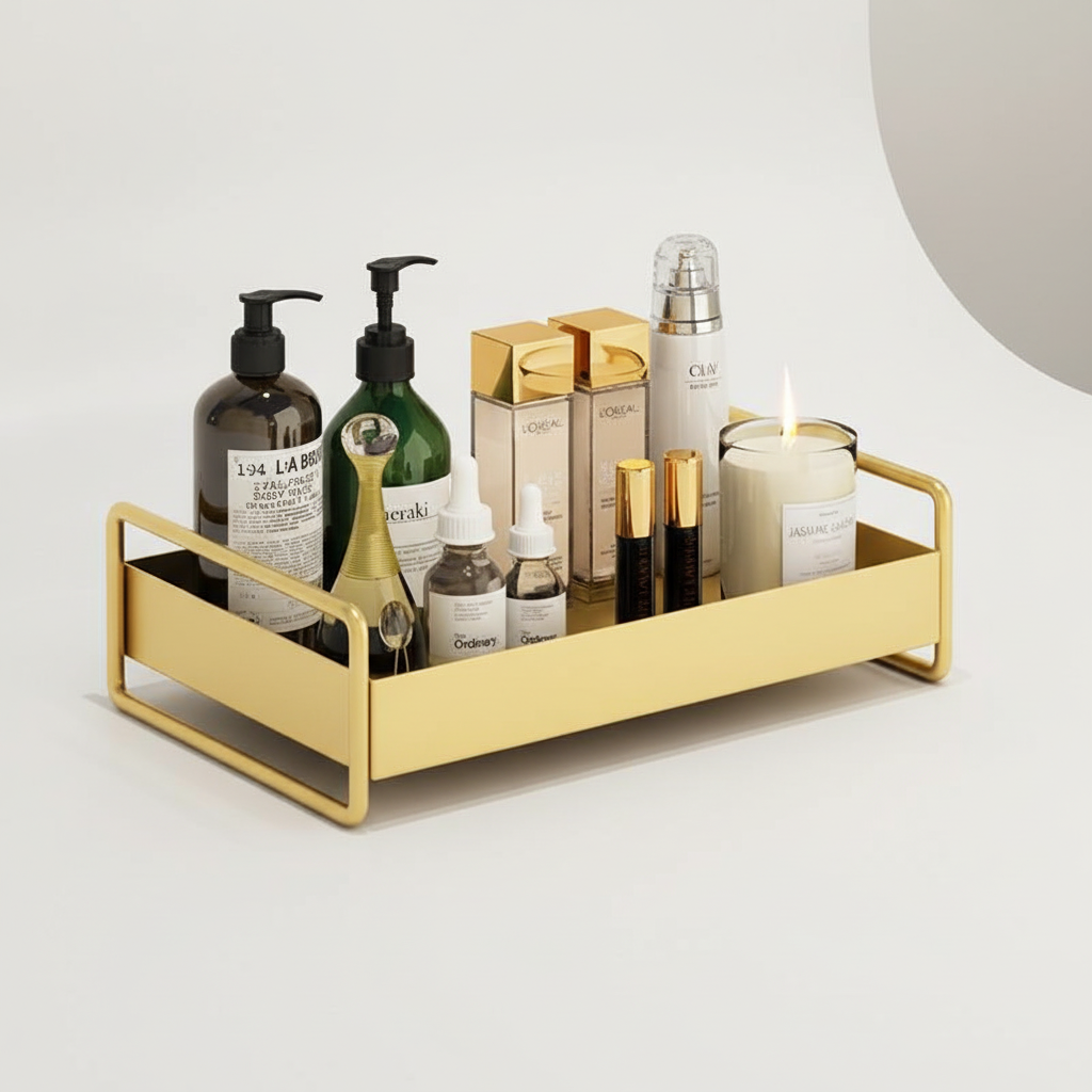 Gold tray with various skincare products on a light background