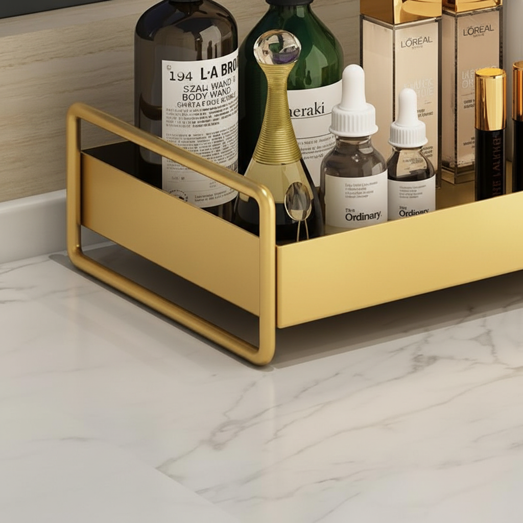 Gold rectangular tray holding various skincare products on a marble surface