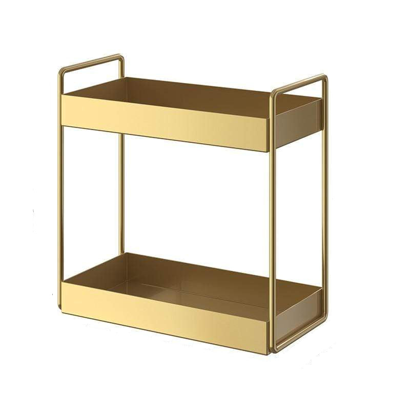 A two-tier gold metal cart with open sides and integrated handles, shown on a plain white background.