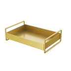 A gold metal organizer tray with integrated side handles, shown on a plain white background.