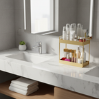 Bathroom vanity with marble countertop, sink, and gold storage rack with skincare products.