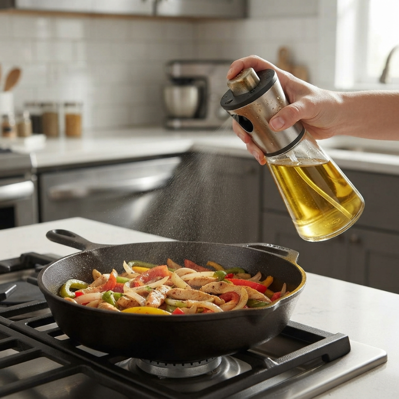 Person seasoning food in a pan with a bottle of oil in a kitchen setting