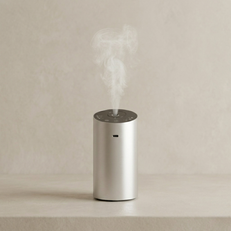 Silver humidifier emitting steam on a beige background