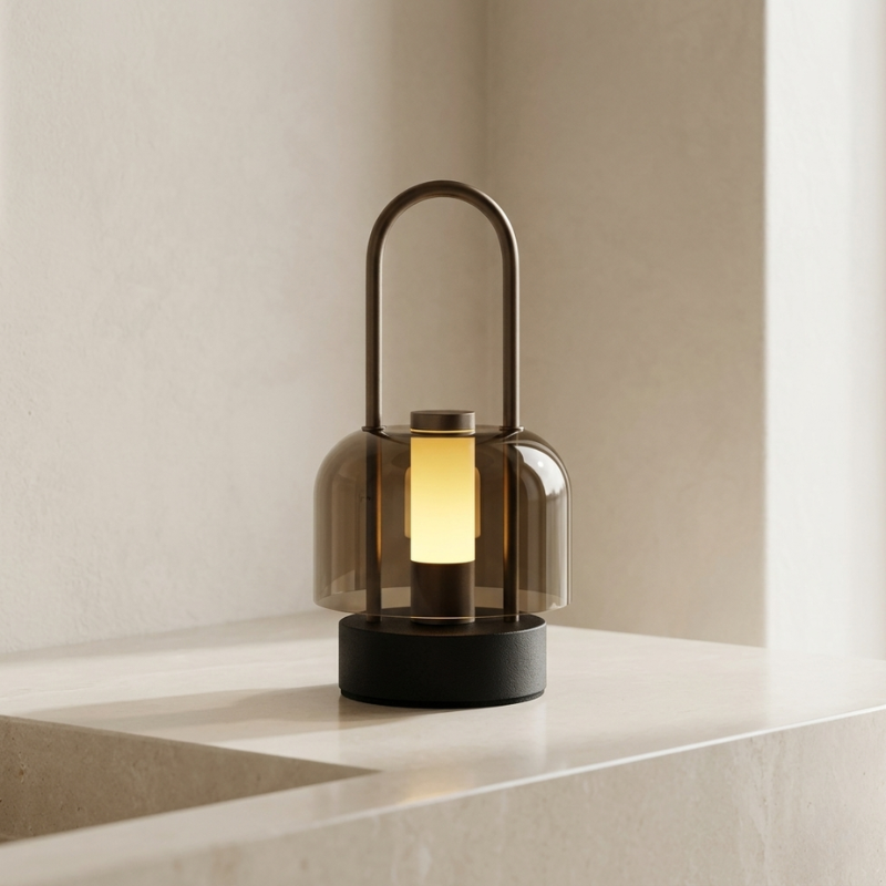 Modern table lamp with a smoked glass shade on a neutral background