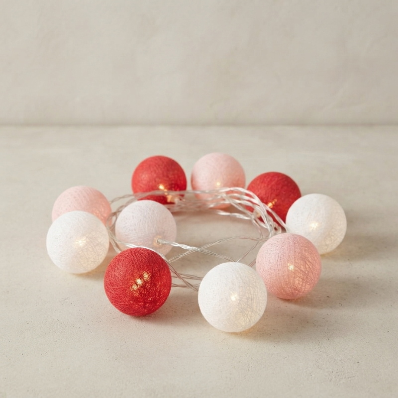 A string of decorative globe fairy lights in white, light pink, and coral red, arranged in a circle on a neutral beige surface with a matching background.