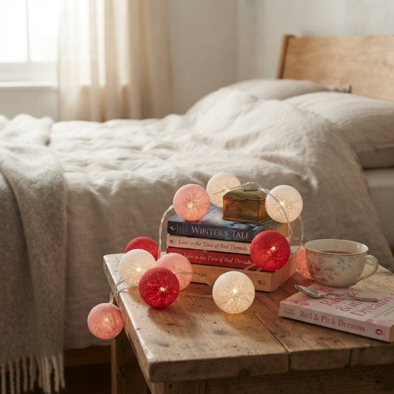 Warm white and red globe string lights draped over a stack of books on a rustic wooden table in a softly lit bedroom setting.