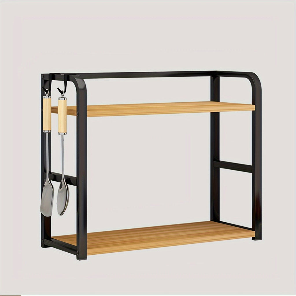 Bakers rack with wooden shelves and metal frame on a light gray background