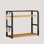 Bakers rack with wooden shelves and metal frame on a light gray background