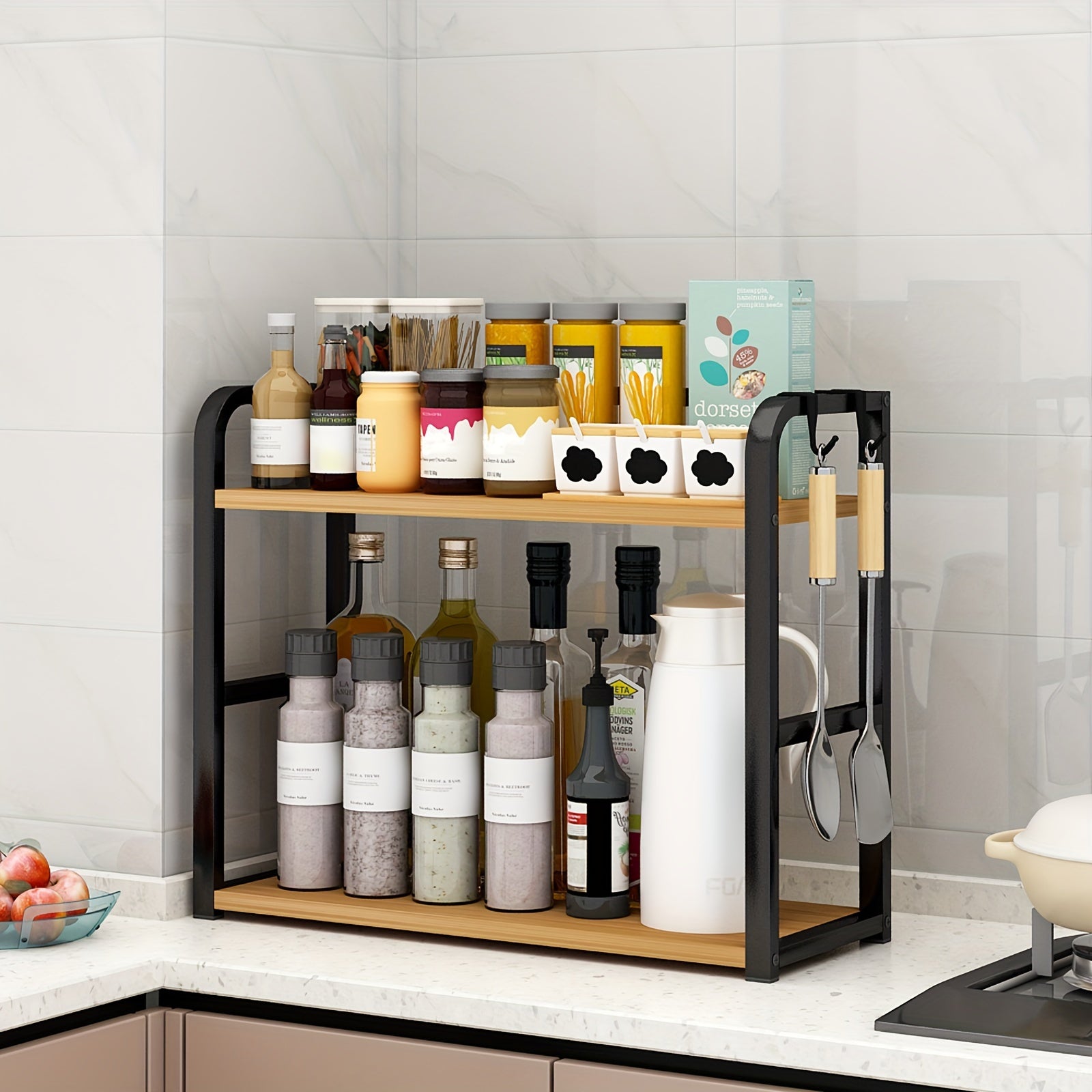 Kitchen storage rack with various items on a countertop