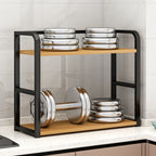 Storage rack with dumbbells and weight plates on a kitchen counter.