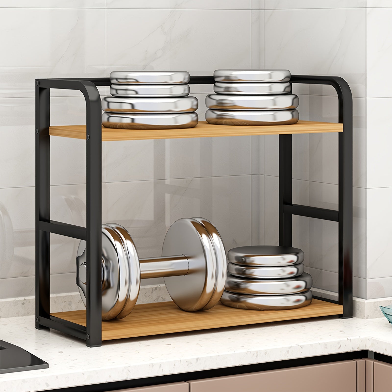 Storage rack with dumbbells and weight plates on a kitchen counter.