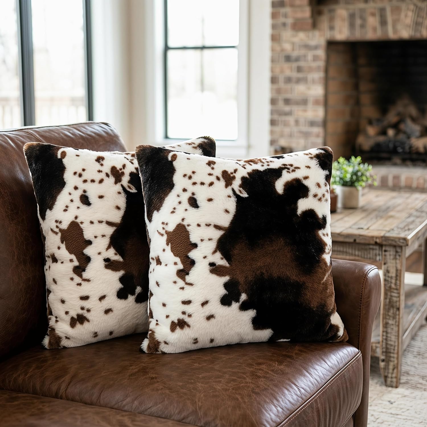 Cow print pillows on a brown leather couch in a living room setting.