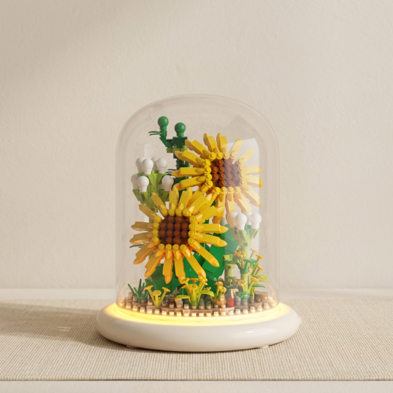 Decorative scene with sunflowers and bees inside a glass dome on a neutral background