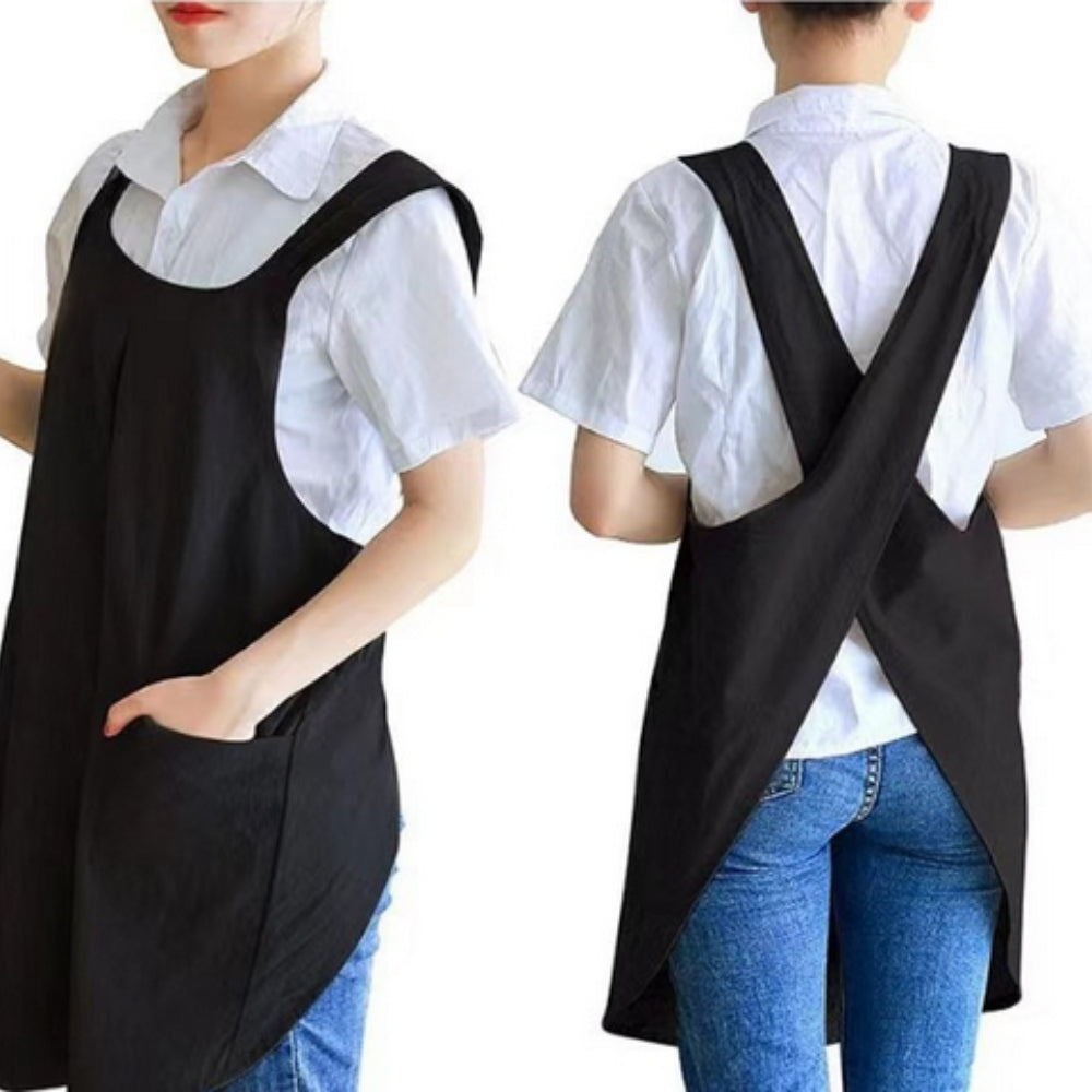 Black apron worn by a person from front and back views on a white background