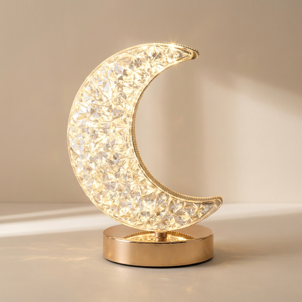 Crystal Crescent Moon Night Light – Touch Dimming LED Lamp with USB Rechargeable Battery and Elegant Design